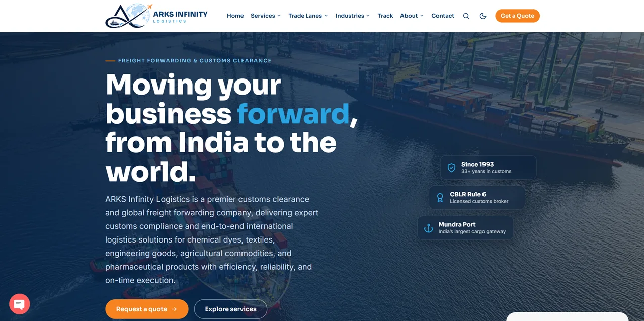 ARKS Infinity Logistics website designed and developed by Apzom Digital