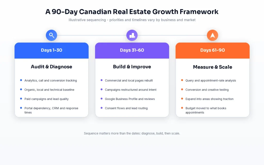 Ninety day Canadian real estate marketing roadmap covering audit, build and scale phases