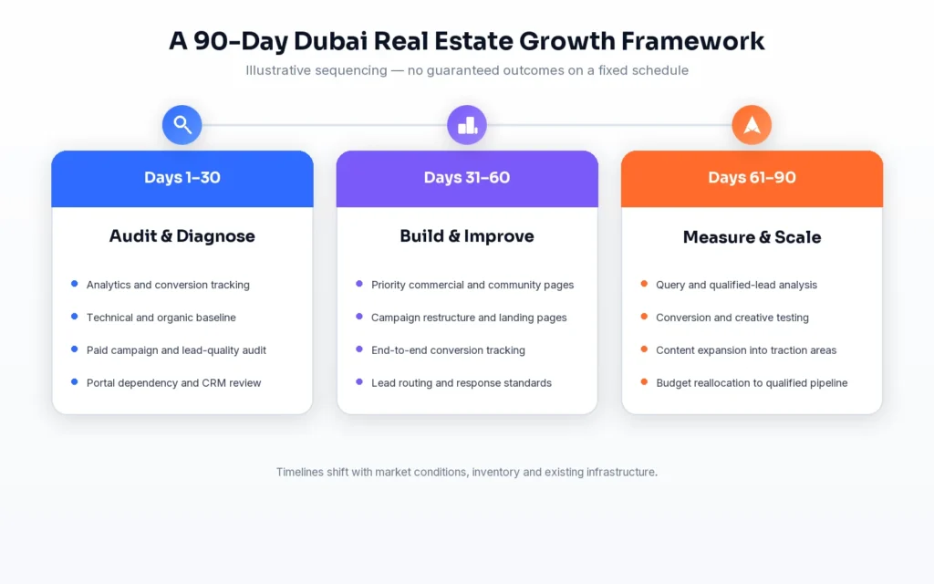 Ninety day Dubai real estate digital marketing roadmap covering audit, build and scale phases