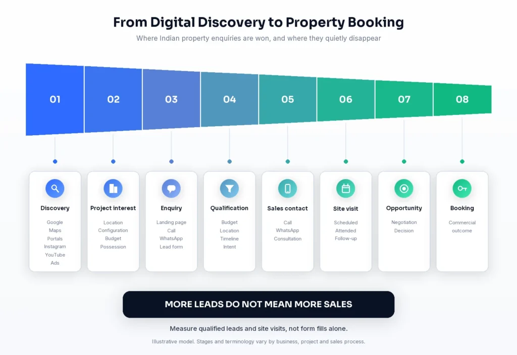 Indian real estate lead funnel from digital discovery to site visit and booking opportunity
