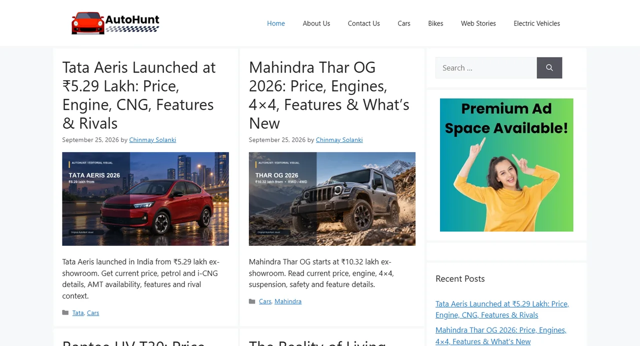 AutoHunt car and bike review website homepage at autohunt.in