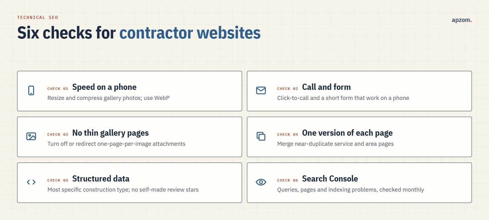 Six technical SEO checks for contractor websites, from mobile speed and gallery pages to structured data and Search Console