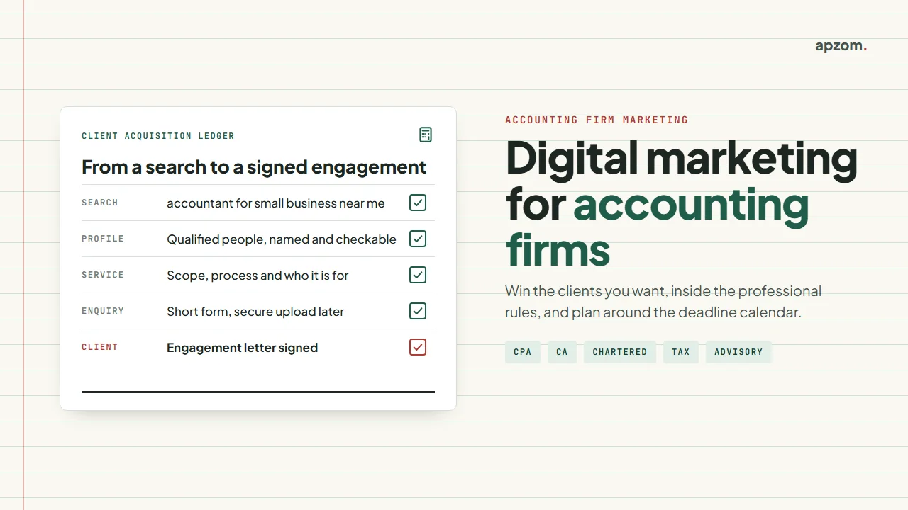 A client acquisition ledger for an accounting firm, from a local search to qualified people, service scope, a short enquiry and a signed engagement letter