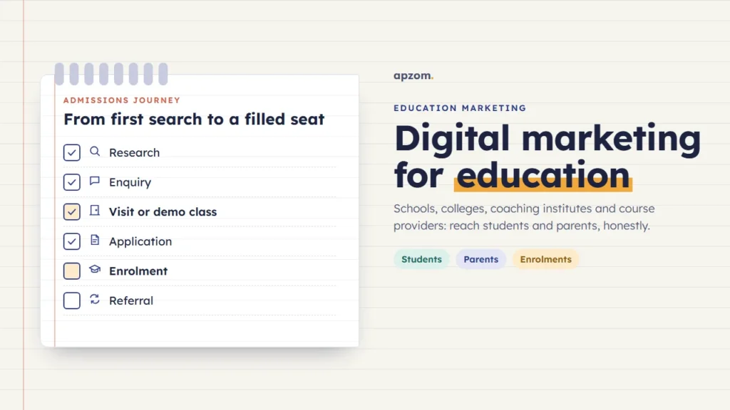 Notebook checklist of the admissions journey from research and enquiry to visit, application, enrolment and referral, beside the education marketing title