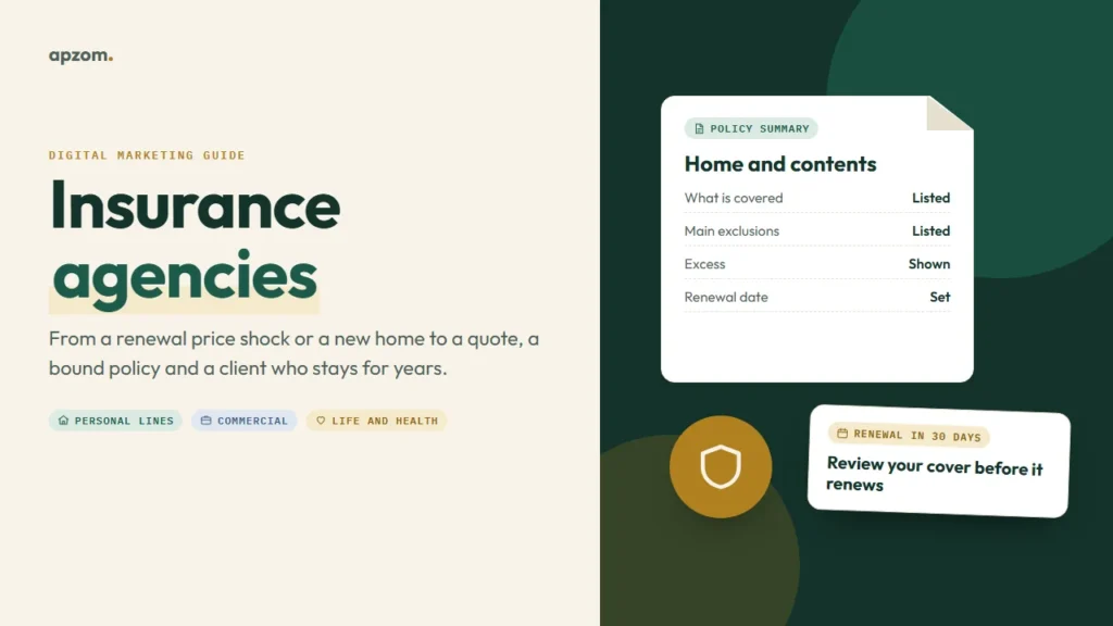 A home and contents policy summary card and a renewal reminder card beside the title Insurance agencies
