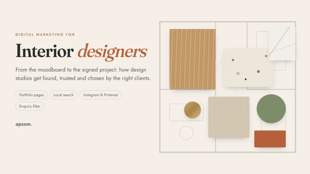 Material board of oak, terrazzo, linen, marble, brass, sage and terracotta swatches over a faint floor plan, beside the title Interior designers
