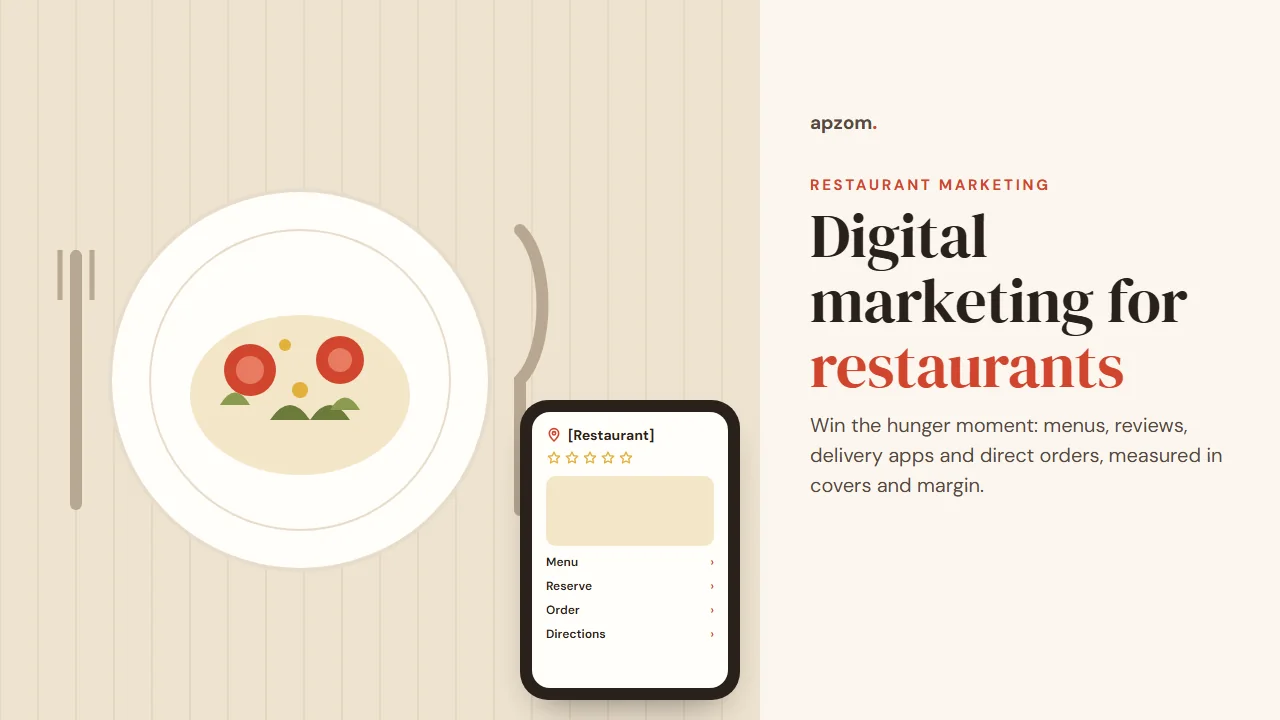 Illustrated plate of food on a table beside a phone showing a restaurant listing with menu, reserve, order and directions
