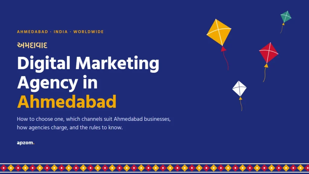 Uttarayan kites in marigold, red and white over deep indigo, with a patola-style border and the title Digital Marketing Agency in Ahmedabad, plus Amdavad written in Gujarati