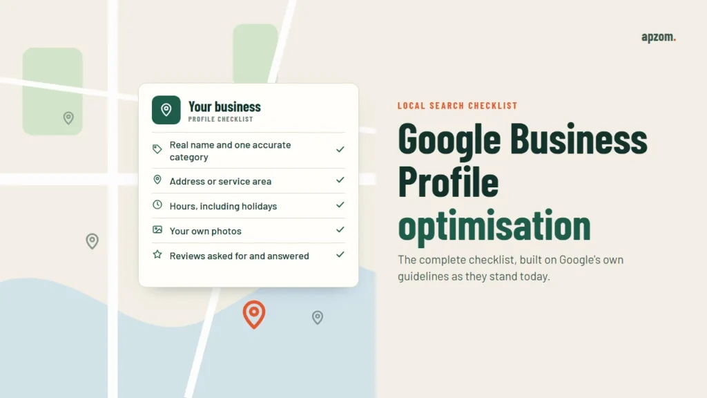 A Google Business Profile checklist card on a simple map: real name and category, address or service area, hours, own photos and reviews