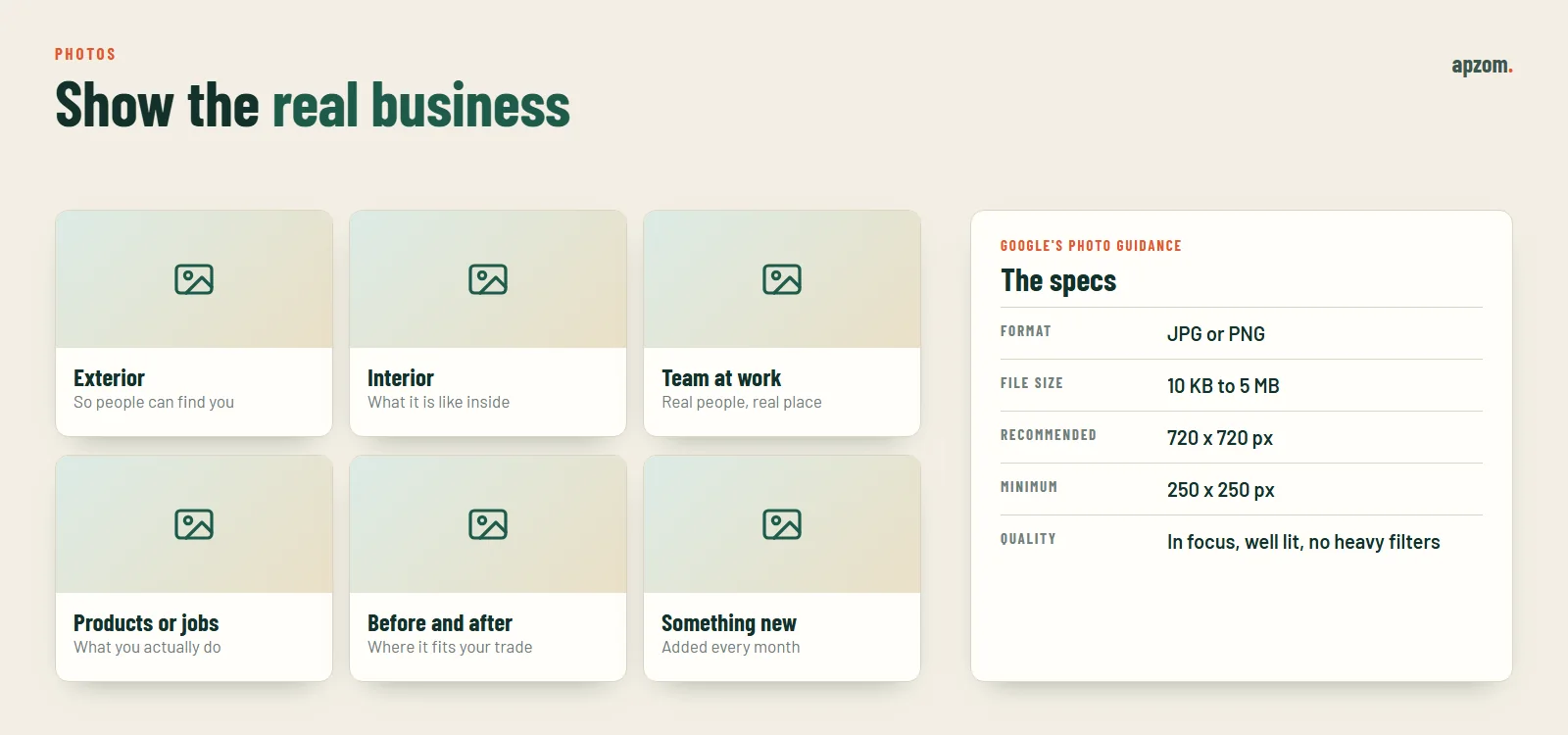 Which photos to add to a Google Business Profile and Google's photo specifications for format, file size and resolution