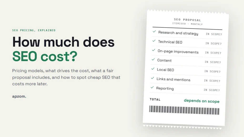 An itemised SEO proposal receipt listing research, technical SEO, on-page work, content, local SEO, links and reporting, with the total marked as depends on scope