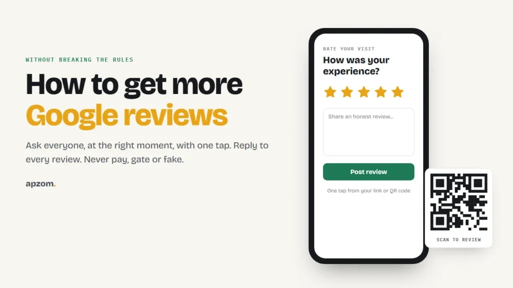 A phone showing a five-star review form and a scan-to-review QR code, beside the title How to get more Google reviews