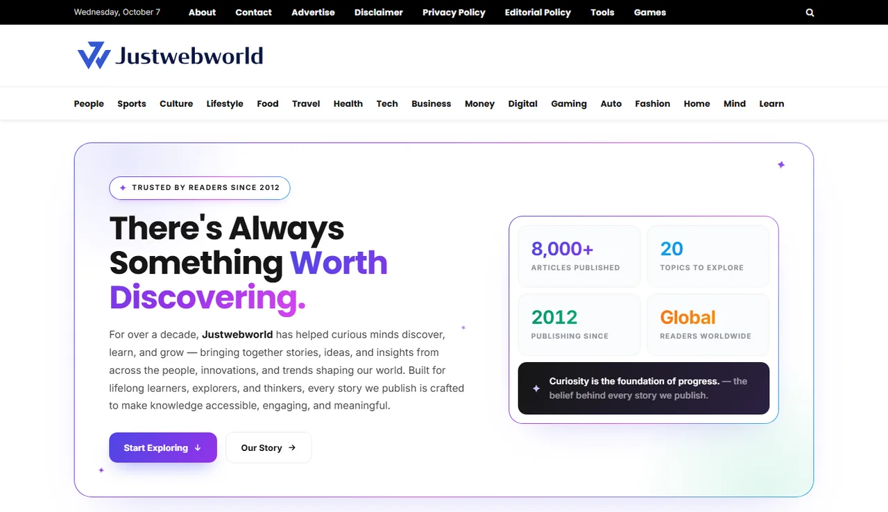 Justwebworld online magazine homepage at justwebworld.com