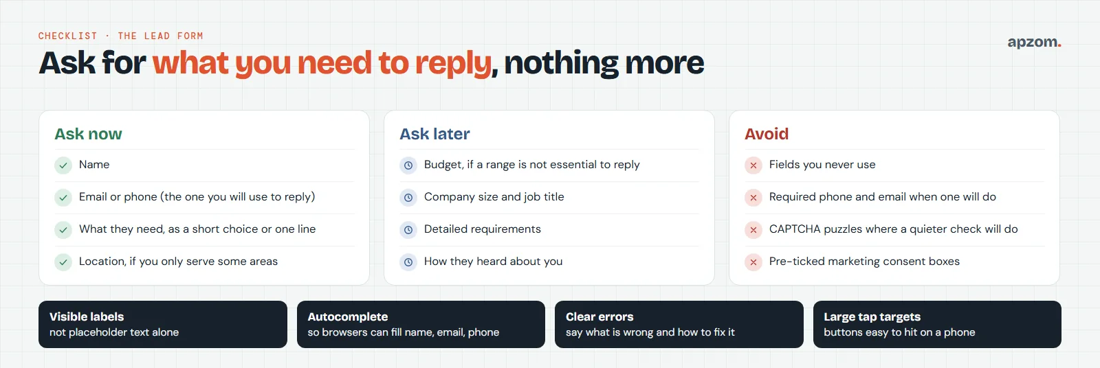 Lead form checklist: what to ask now, what to ask later, what to avoid, plus visible labels, autocomplete, clear errors and large tap targets