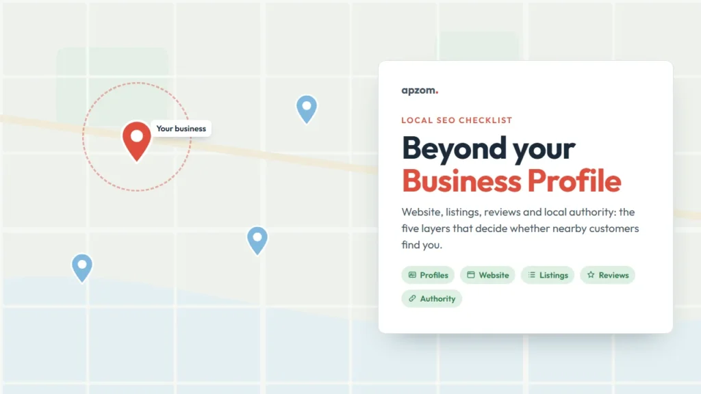 Map with a pinned local business and nearby competitors beside the local SEO checklist title and its five layers
