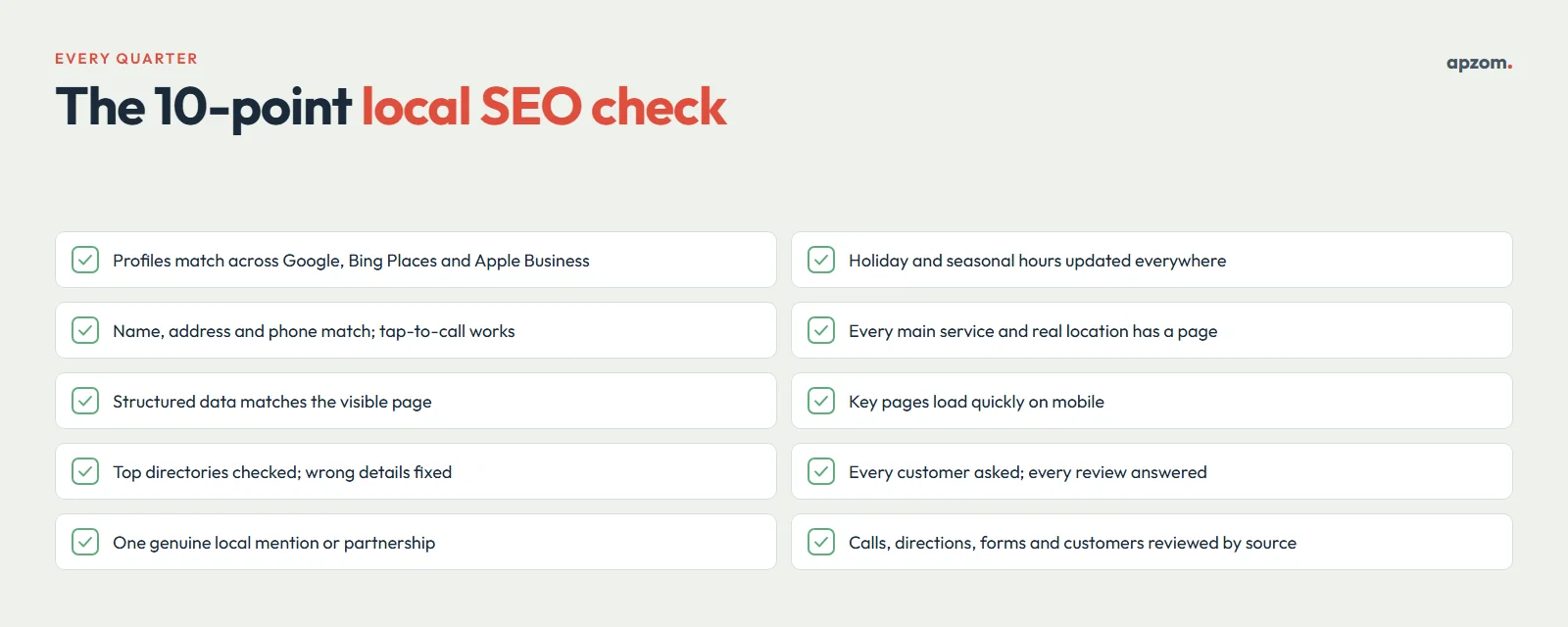Ten-point quarterly local SEO checklist covering profiles, hours, website details, pages, structured data, speed, listings, reviews, authority and measurement