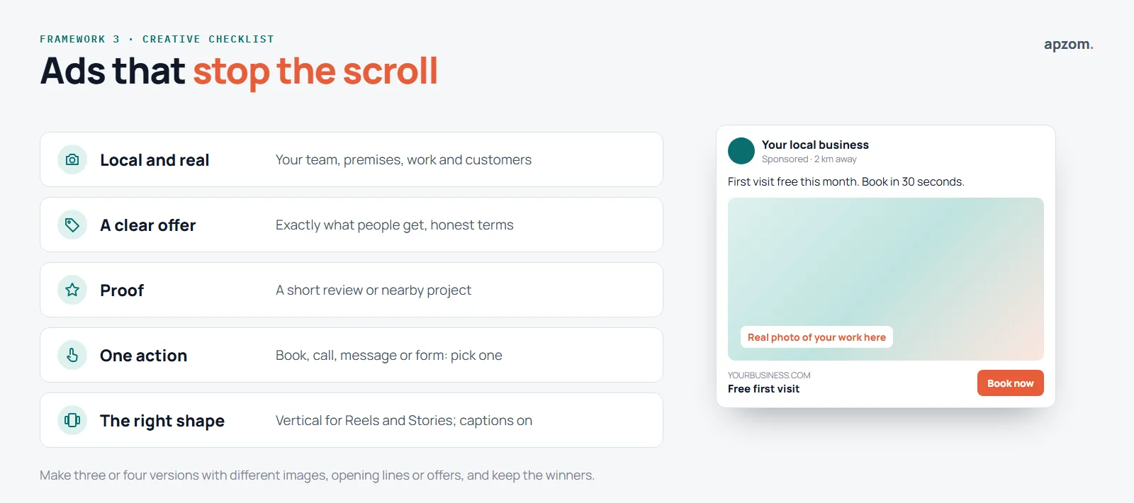 A five-point creative checklist for local Meta ads, local and real, a clear offer, proof, one action and the right shape, beside an example ad