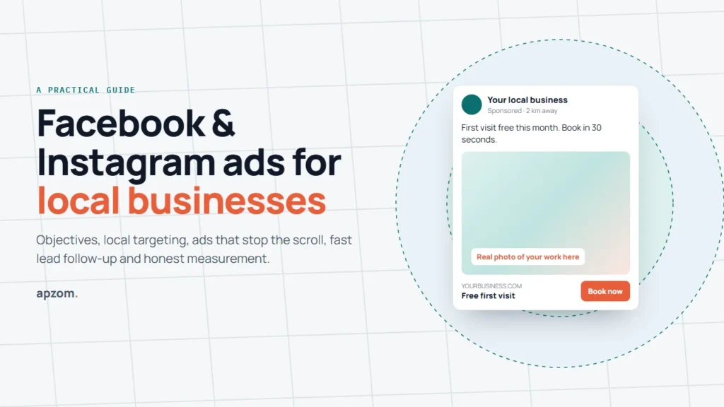 A generic sponsored social media post offering a free first visit, inside radius rings on a street map, beside the title Facebook and Instagram ads for local businesses