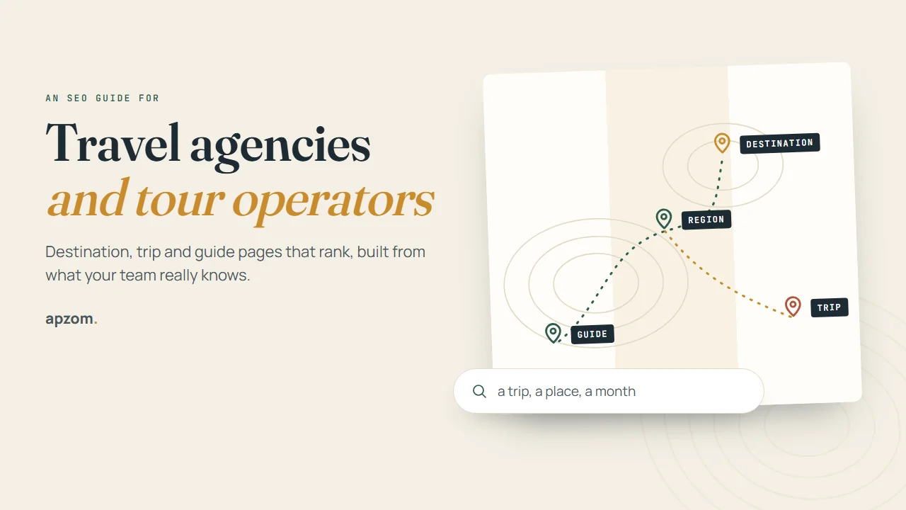 A folded travel map with a dotted route linking guide, region, destination and trip pins above a search bar, beside the title SEO for travel agencies and tour operators