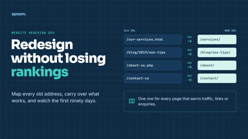A redirect map with old URLs such as our-services.html pointing by 301 redirects to new URLs such as services, beside the title Redesign without losing rankings
